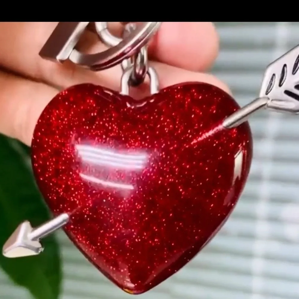 Sparkle Red Heart purse charm Keychain with Arrow and Silver hardware